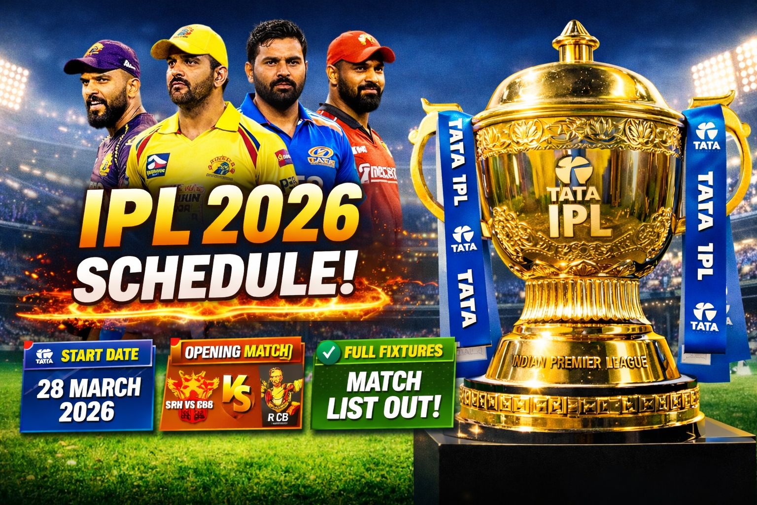 IPL 2026 schedule opening match SRH vs RCB full fixtures date and time